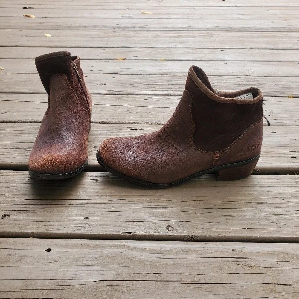 Ugg Australia Penelope Brown Suede Leather Western Cowgirl Ankle Boots Booties 4
